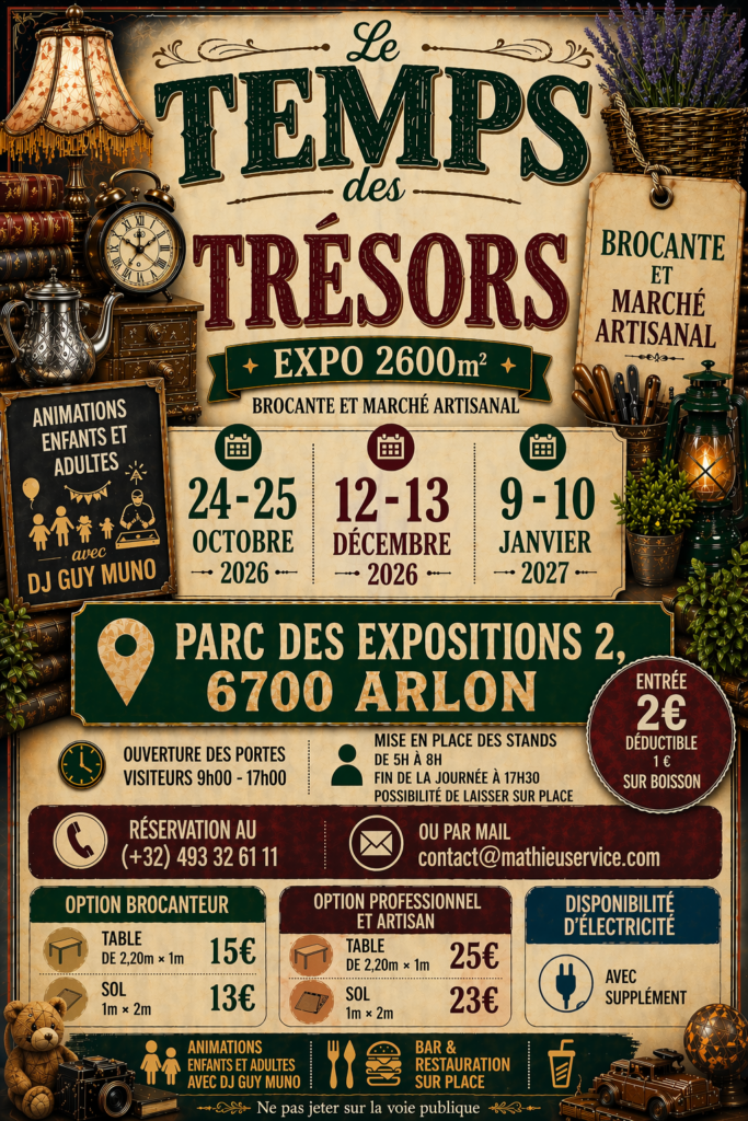 Affiche Le Temps des Trésors - Brocante du 24 et 25 octobre 2026 au Hall Polyvalent d'Arlon